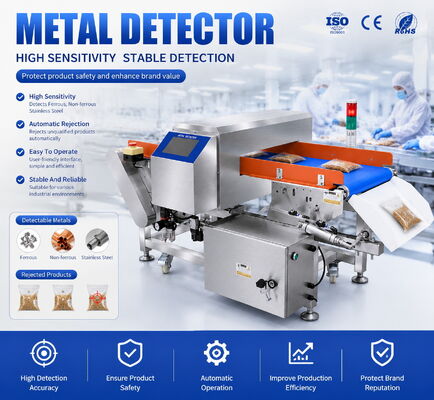 Máquina de detección de metales de alta velocidad con transportador para bocadillos fritas de frutos secos galletas dulces detección de contaminantes